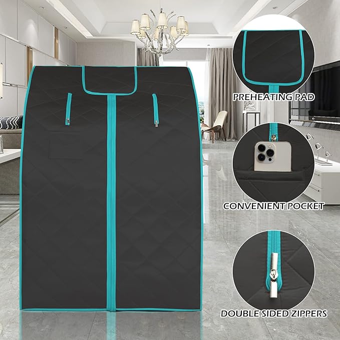 Smartmak Far Infrared Sauna, Full Body One Person Portable SPA Set with Time & Tempreture Remote Control, Heating Foot Pad and Foldable Reinforced Chair (L 27.6’’ x W 31.5’’ x H 37.8’’) - Black-StrideForce Fitness