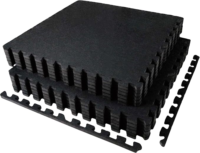 AIRHOP 0.56in Thick 48 Sq Ft Exercise Equipment Mats, 12 Tiles Upgraded Rubber Top with High Density EVA Foam, Large Interlocking Puzzle Gym Flooring for Home Gym, Heavy Weight Workout,Black-StrideForce Fitness
