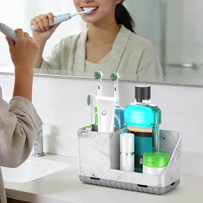 Toothbrush Holders for Bathroom Countertop, Kids Electric Toothbrush and Toothpaste Holder, Bathroom Accessories Vanity Organizer, Bathroom Organizers and Storage (Grey Marble Grain)