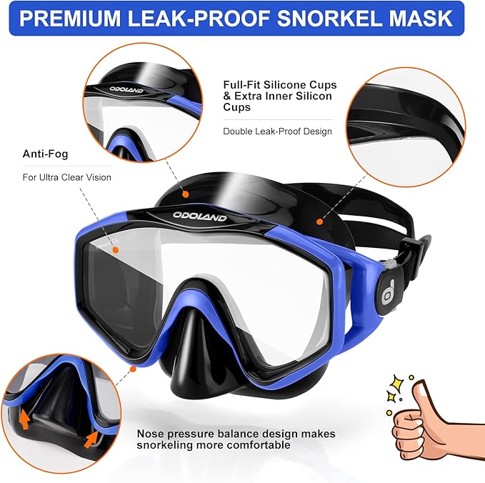 Odoland Kids Snorkeling Packages Snorkel Set, Dry Top Snorkel Mask with Adjustable Swim Fins for Boys and Girls Age 7-14-StrideForce Fitness