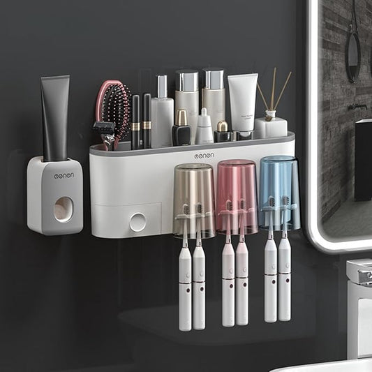 No-Drill Wall Mounted Toothbrush Holder, Bathroom Shelf, with 1 Automatic Toothpaste Dispenser 6 Brush Hooks Cups 1 Cosmetic Drawer Organizer and Large Storage (1 Dispenser + 3 Cups)