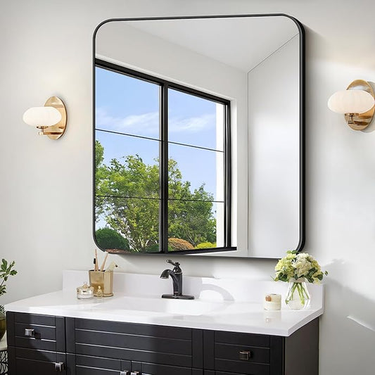 FORBATH Bathroom Mirror 36x40 Inch, Large Rectangular Wall Mirror with Black Aluminum Frame, Rounded Corners, Horizontal or Vertical Mount for Bathroom, Bedroom, Entryway-StrideForce Fitness