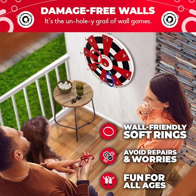 Swooc Games® ‒ Hook Darts Ring Toss Game ‒ Wood Board & Soft Rings ‒ 20+ Games Included for Kids & Adults ‒ Wall Mounted Ring and Hook ‒ Indoor & Outdoor Wall Decor for Game Room, Patio, Garage, Yard-StrideForce Fitness