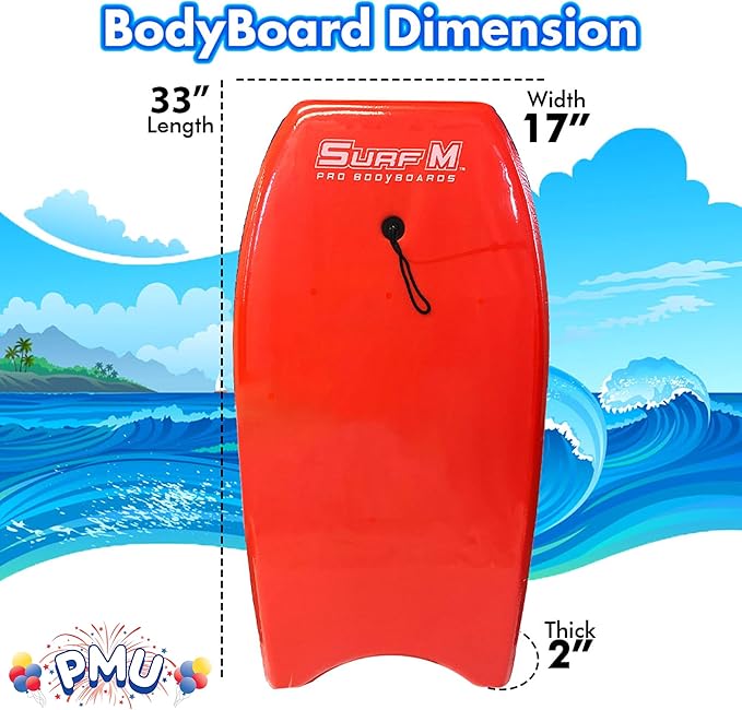 PMU 33 Inch Red Bodyboard - Lightweight Wrist Leash, Slick Bottom Boards for Beach, Sea & Pool - Surfing Board for Kids, Teens & Adults Wave Conditions Pkg/1-StrideForce Fitness