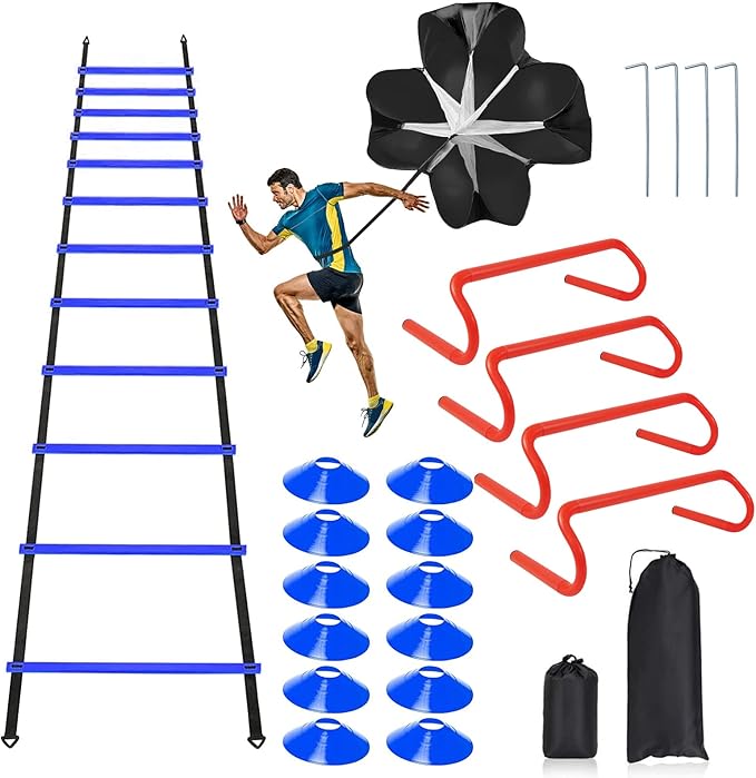 Speed & Agility Ladder Training Equipment Set, Includes 12 Rung 20ft Agility Ladder, 4 Agility Hurdles,12 Disc Cones, 1 Resistance Parachute for Training Football Soccer Basketball Athletes-StrideForce Fitness