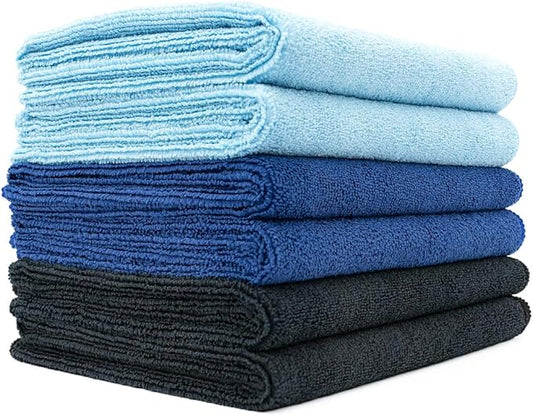 The Rag Company Microfiber Spa and Yoga Towel - Soft and Absorbent Towel for Gym, Spa, Exercise, Hotel, and Resort Use - Dries Fast - 16x27 inches - Light Blue, Royal Blue, Black, 6-Pack-StrideForce Fitness