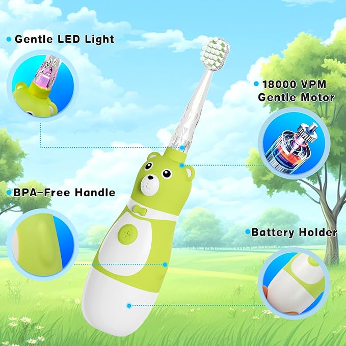 Kids Electric Toothbrush Sonic Battery-Powered for Toddler Ages 2-10, 2-Min Smart Timer LED Light with 3 Color Cleaning Modes, Green FunBear Boys Girls 2 Replacement Heads