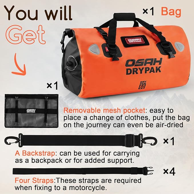 Waterproof Duffel Bag - Motorcycle Dry Bag Tail Bag with Large Storage Space, Waterproof Luggage Duffle Bags with Outer Mesh Zipper Pocket for Camping, Kayaking, Fishing & Traveling-StrideForce Fitness