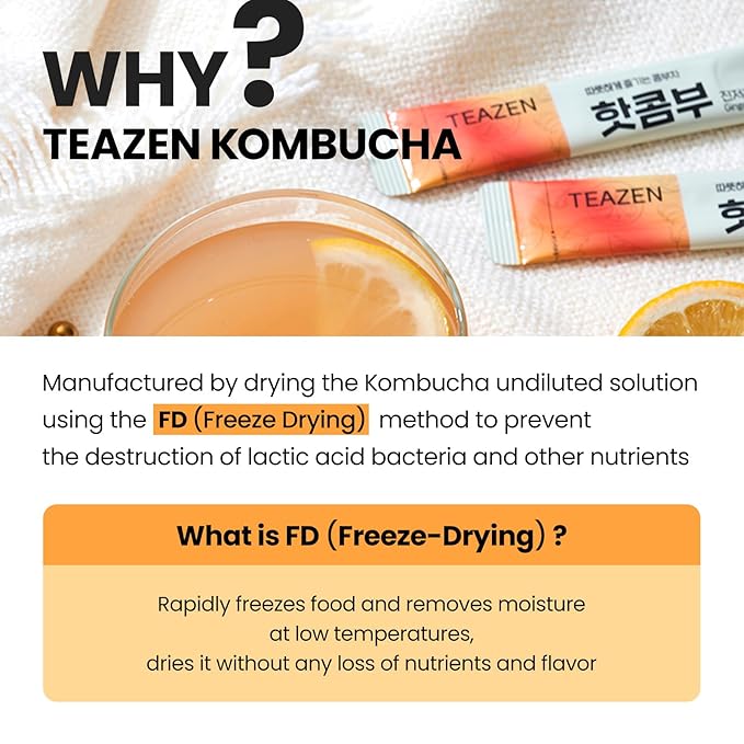 TEAZEN Lemon Ginger Hot Kombucha Tea, Spice Tea, Live Probiotics & Postbiotics, Relaxation and Warmth for Colds and Sore Throat, Hydration Drink Mix, Sugar Free, 10 Sticks, 1.76oz-StrideForce Fitness