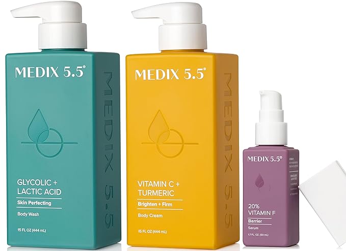 Medix 5.5 Anti Aging Skin Care 3PC Set | Vitamin C Body Cream + Exfoliating AHA Glycolic Acid Foaming Face & Body Wash + Vitamin F Booster Serum, Wash + Treat + Hydrate Skincare Set-StrideForce Fitness