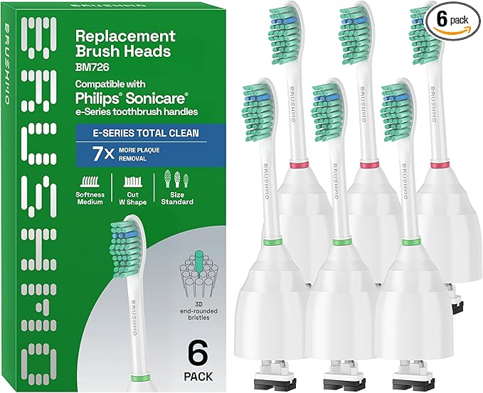 Brushmo e-Series Total Clean Replacement Toothbrush Heads, Compatible with Philips Sonicare Screw-on Electric Toothbrush Handles, 6 Standard Heads, Medium Firm Dupont Bristles, BM726, White