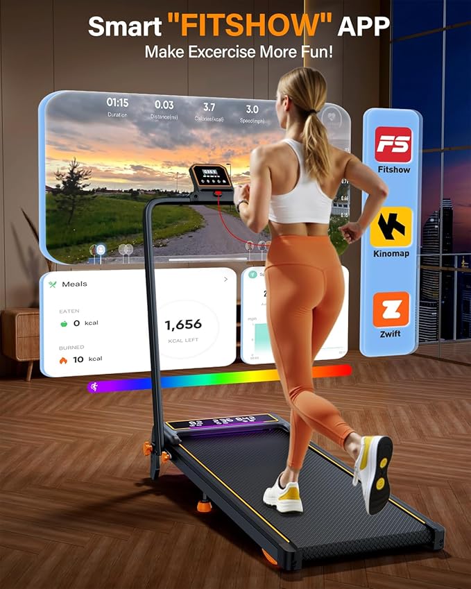Treadmill Walking Pad with 10% Incline/Handle Bar/2 LED Display, 3.5HP Portable Treadmills for Home Small, Foldable Walking Pad Treadmill 350+lb Capacity, Smart App, 4 Adjustable Incline, RGB Light-StrideForce Fitness