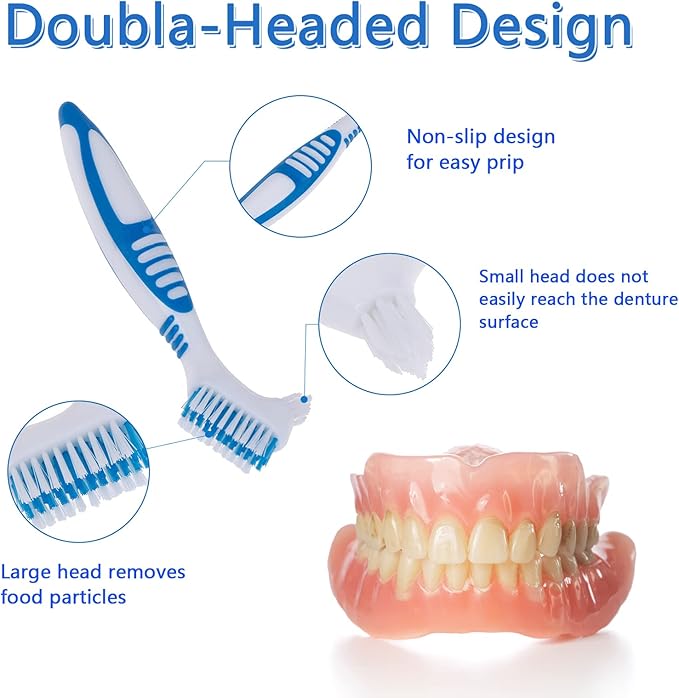 Denture Brush, 2 Pieces False Teeth Toothbrush with White Carrying Case, Orange and Blue Multi-Layered Bristles with Ergonomic Rubber Handle for Dentures Cleaning