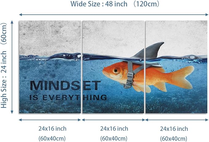 3 Panels Modern Framed Inspirational Canvas Wall Art Goldfish Body Strong Shark Heart Mindset is Everything Motivational Wooden Decor Posters for Office Gym Classroom Home Decoration(48''W x 24''H)-StrideForce Fitness