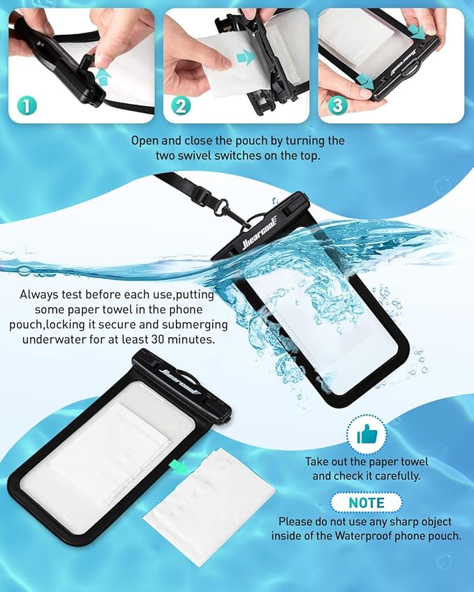 Hiearcool Waterproof Phone Pouch, Universal Case Compatible for iPhone 17 16 15 14 13 Pro Max Plus Up to 8.3", IPX8 Beach Travel Essentials-Black-2 Pack-StrideForce Fitness