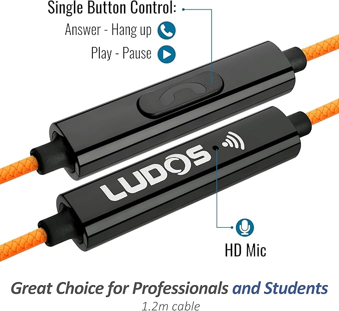 LUDOS Clamor Wired Earbuds in-Ear Headphones, 5 Years Warranty, Earphones with Microphone, Noise Isolating Ear Buds, Memory Foam for iPhone, Samsung, School Students, Kids, Women, Small Ears - Orange-StrideForce Fitness