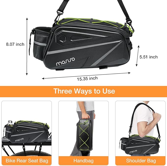 MOSISO Bike Rack Bag, Waterproof Bike Rear Rack Handbag Bicycle Trunk Bag, 14L EVA Mountain Bicycle Rear Seat Storage Saddle Pouch Cycling Luggage Pouch with Shoulder Strap, Lime Green-StrideForce Fitness
