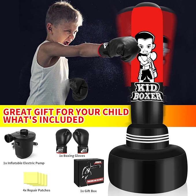 Punching Bag for Kids Set 65" Large Three-Tier Design Stable, Inflatable Boxing Bag Set Toy with Boxing Gloves and Electric Air Pump, Kid Standing Bag for Boys Girls Age 3-15 Training Karate..-StrideForce Fitness