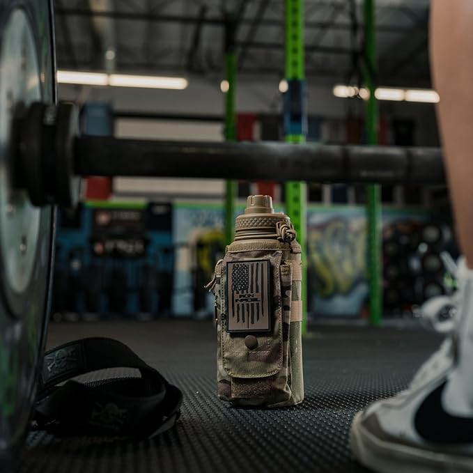 Iron Infidel Battle Bottle - 32 Oz Insulated Water Bottle with Straw Lid & Chug Cap, Stainless Steel Metal Tactical Flask With Rugged, Removable Sleeve for Keys & Phone or Wallet (OCP Camo 1 Liter)-StrideForce Fitness