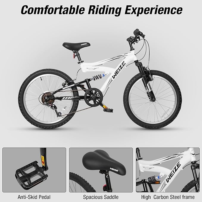 WEIZE Kids Mountain Bike, 20 inch Kids' Bicycles for 6-11 Years Old Boys Girls with Dual Full Suspension, 6 Speeds Drivetrain, High-Carbon Steel Frame, Ideal for Young Riders and Adventurers-StrideForce Fitness