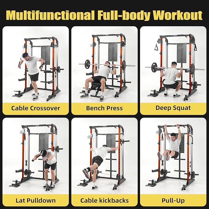 Power Cage, Squat Rack with Cable Crossover and Dual Independent Pulley System, 2000LB Capacity Workout Cage with More Training Attachments, Power Rack for Home Gym-StrideForce Fitness