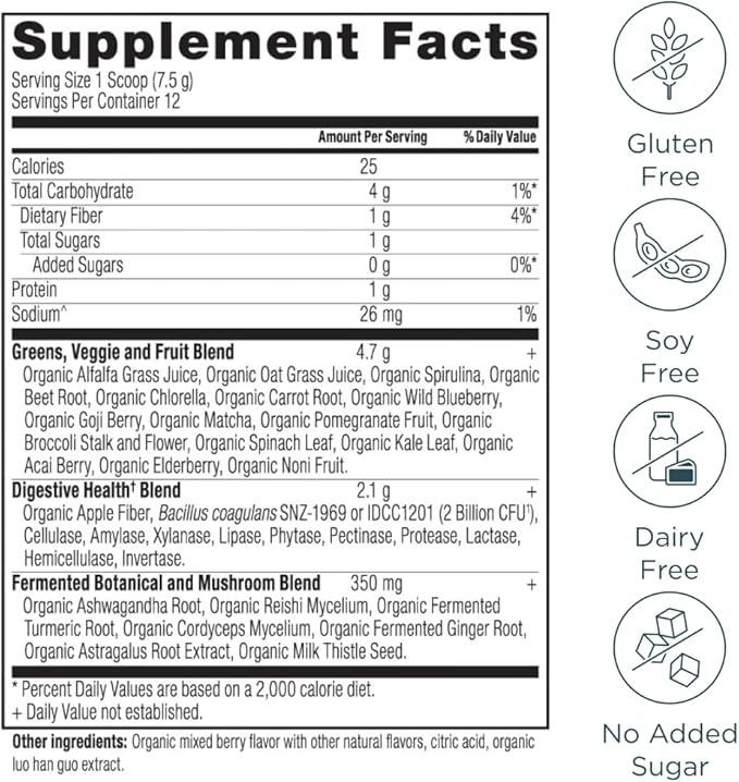 Ancient Nutrition SuperGreens Powder with Probiotics, Organic Berry Flavor Greens, Made from Real Fruits, Vegetables and Herbs, Digestive and Energy Support, 12 Servings, 3.2oz-StrideForce Fitness