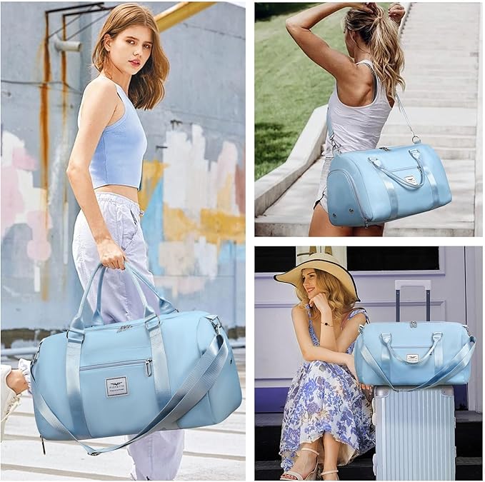 FIORETTO Womens Gym Tote Duffle Bag with Wet Pocket & Shoe Compartment, Sports Duffel Overnight Weekender Hospital Workout Carry on Bag for Girls, Ideal for Travel, Swimming, Dance, Ballet Light Blue-StrideForce Fitness