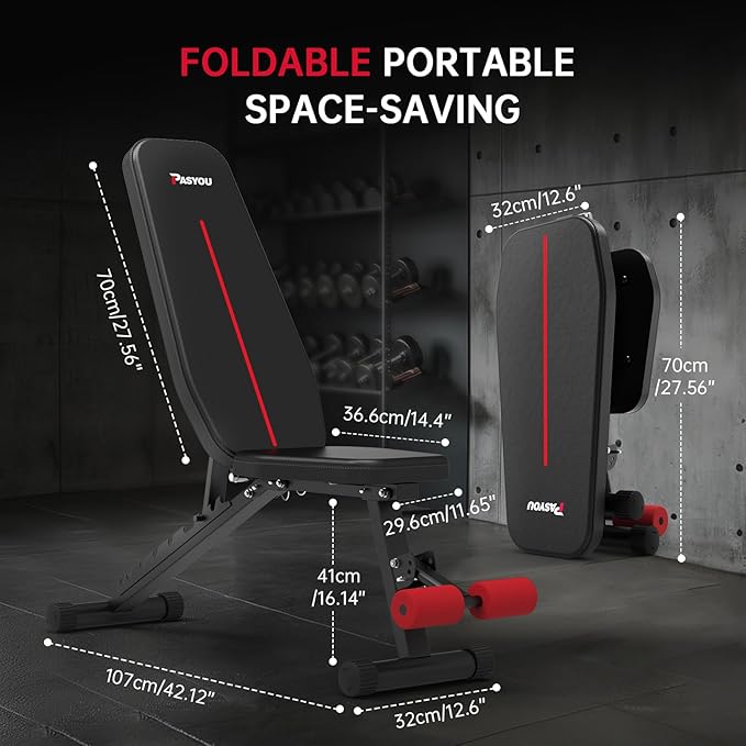 PASYOU Adjustable Weight Bench Full Body Workout Multi-Purpose Foldable Incline Decline Exercise Workout Bench for Home Gym