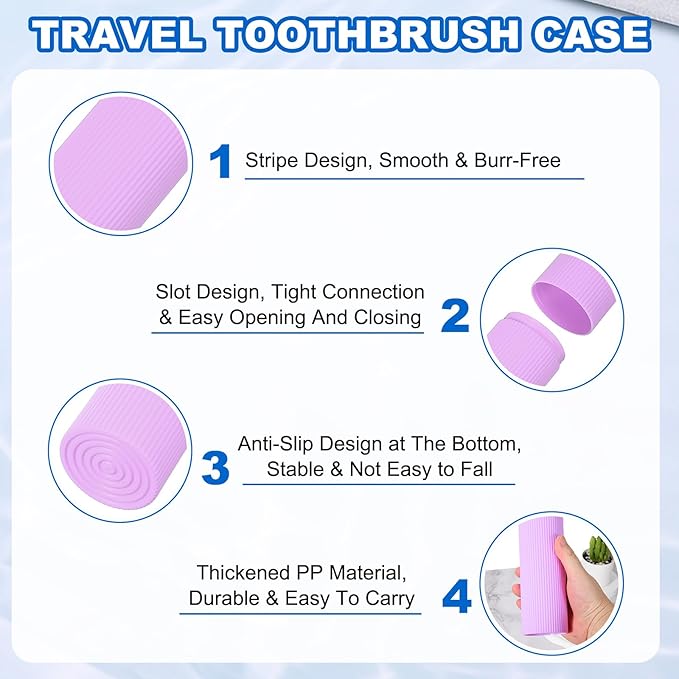 uxcell 2Pcs Travel Toothbrush Case, 7.9x2.4x2.4 Portable Travel Toothbrush Holder with Stripe, Plastic Toothpaste Container for Bathroom, Gym, Business Trip, Camping, Purple