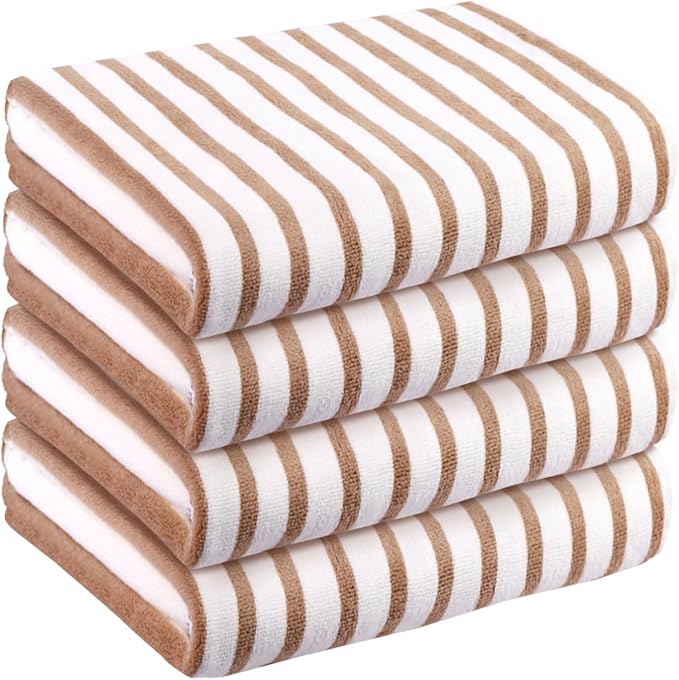 JML Microfiber Towels, Bath Towel Sets (4 Pack, 27" x 55") - Extra Large, Soft, Absorbent, Fast Drying, Multipurpose for Hair Wrap, Swimming, Fitness, Sports, Yoga -Stripe Coffee-StrideForce Fitness