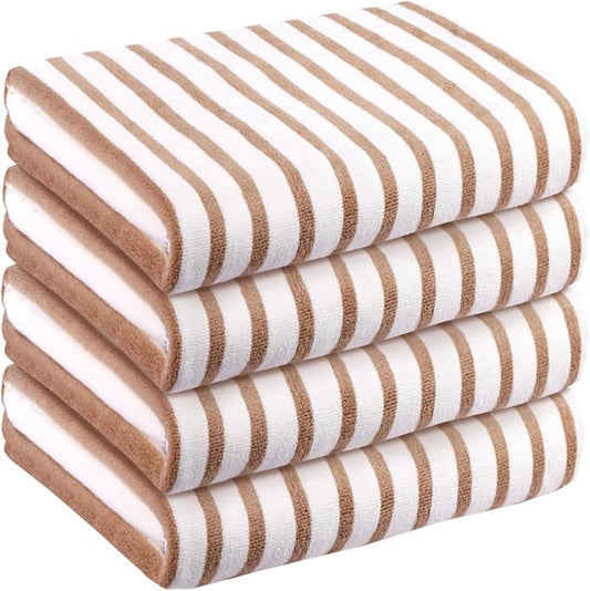 JML Microfiber Towels, Bath Towel Sets (4 Pack, 27" x 55") - Extra Large, Soft, Absorbent, Fast Drying, Multipurpose for Hair Wrap, Swimming, Fitness, Sports, Yoga -Stripe Coffee-StrideForce Fitness