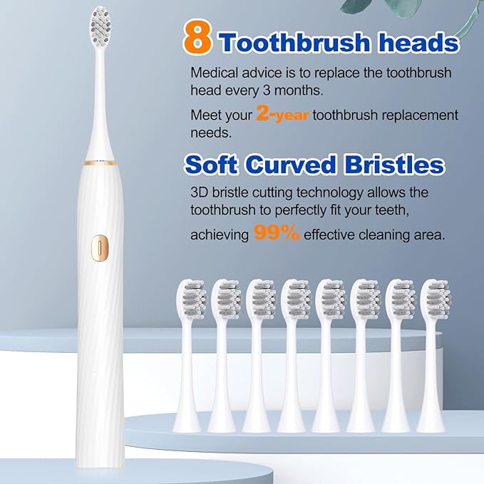 FXQQZZ Electric Toothbrush for Adults and Kids, with Tongue Scraper and Travel Case, 8 Brush Head, Smart Timer & 4 Modes Rechargeable Toothbrush, 42000 VPM Deep Clean, One Charge Last 90 Days - White