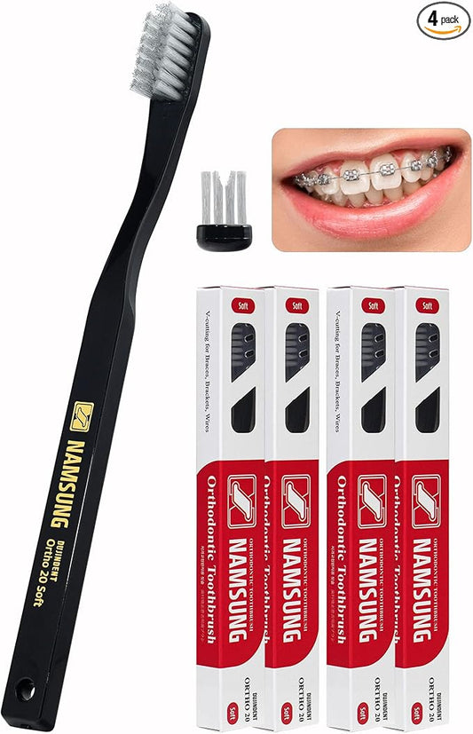 Orthodontic Toothbrush for Braces [4 Packs][Made in Korea] V Trim Cutting American Bristles Braces Toothbrush for Brackets and Wires Cleaning (Ortho Compact 20 Soft, 4 Pack)