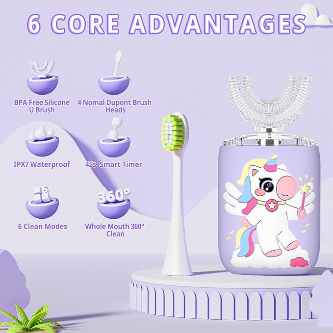 Kids Electric U Shaped Toothbrush Unicorn Rechargeable Sonic Toothbrush with 4 Soft Brush Heads with Kid Toothpaste IPX7 Waterproof - (Age 2-7, Purple)