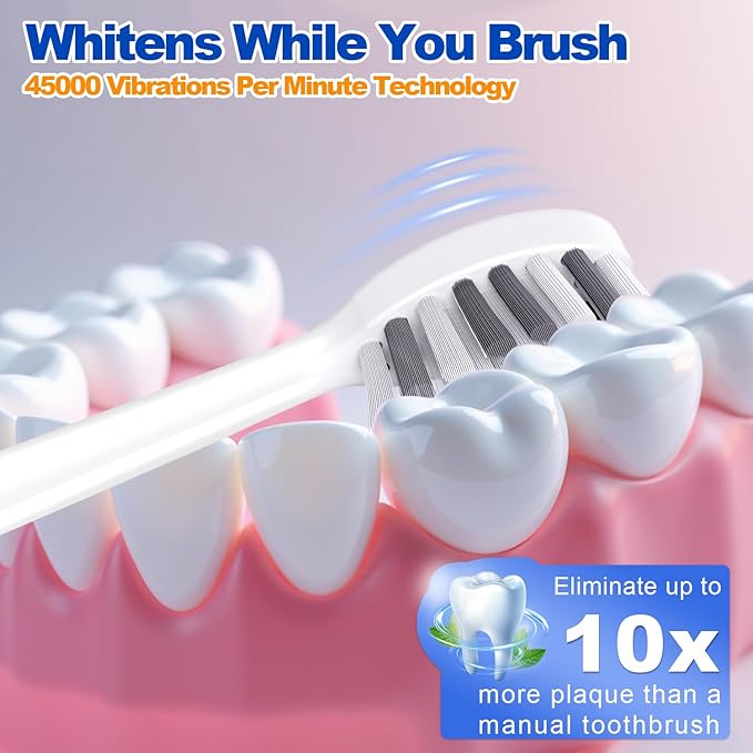 FXQQZZ Electric Toothbrush for Adults and Kids, with Tongue Scraper and Travel Case, 8 Brush Head, Smart Timer & 4 Modes Rechargeable Toothbrush, 42000 VPM Deep Clean, One Charge Last 90 Days - White