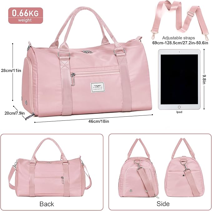 FIORETTO Womens Gym Tote Duffle Bag with Wet Pocket & Shoe Compartment, Sports Duffel Overnight Weekender Hospital Workout Carry on Bag for Girls, Ideal for Travel, Swimming, Dance, Ballet Pink-StrideForce Fitness