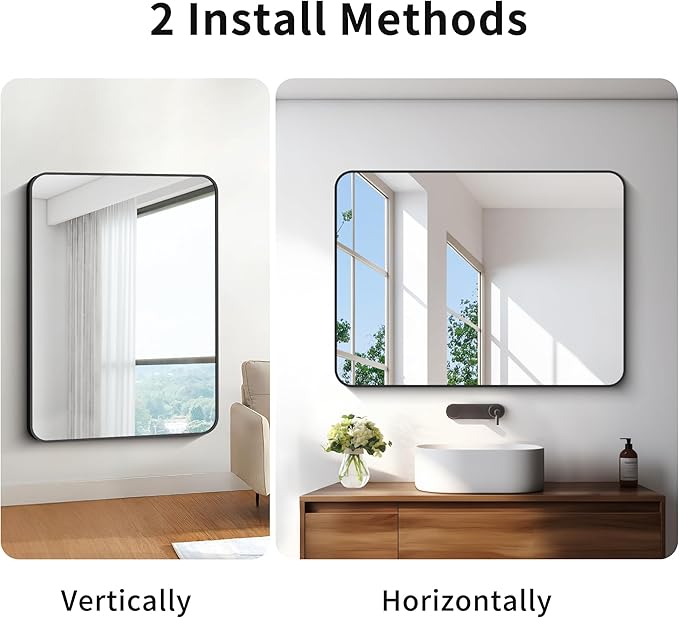 30x40 inch Bathroom Mirror,Black Rectangle Mirror,Wall Mounted Bathroom Frame Vanity Mirror with Round Corner for Bedroom Living Room, Entryway Hangs Horizontal or Vertical-StrideForce Fitness