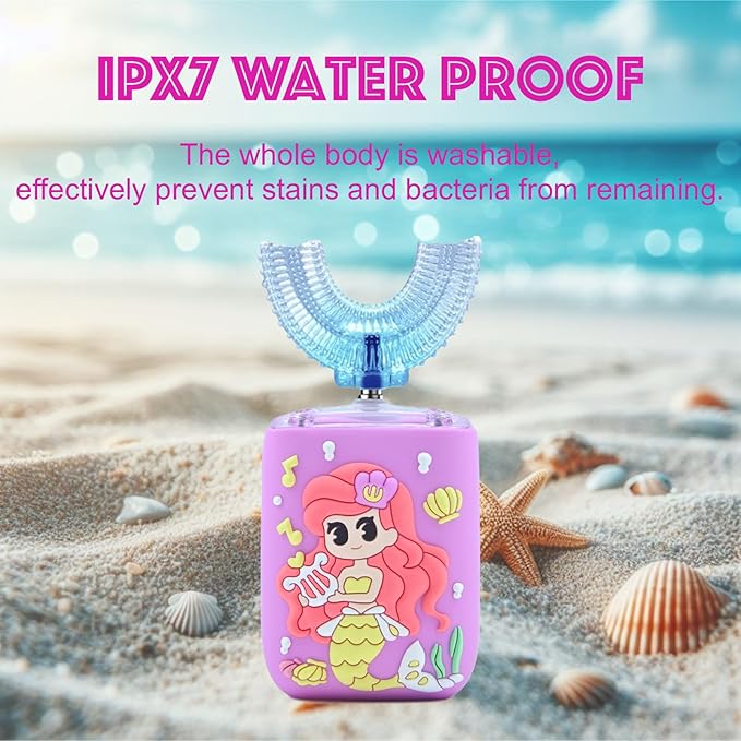 Kids Electric Toothbrush, U Shaped Toothbrush Kids Sonic Automatic Brush with Cup 5 Brush Head 6 Sonic Clean Modes IPX7 Waterproof Mermaid Design Rechargeable Smart Timer for Children 2-7