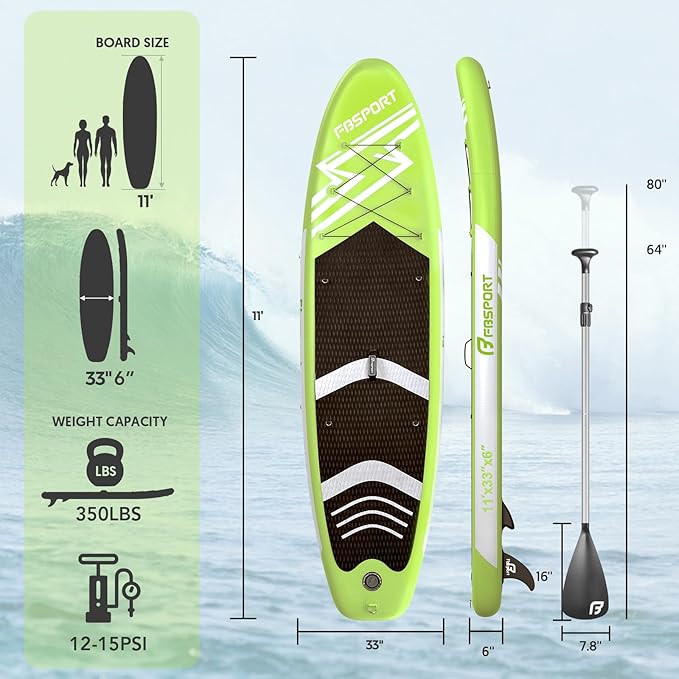 FBSPORT 11' Premium Stand Up Paddle Board, Yoga Board with Durable SUP Accessories & Carry Bag | Wide Stance, Surf Control, Non-Slip Deck, Leash, Paddle and Pump for Youth & Adult-StrideForce Fitness