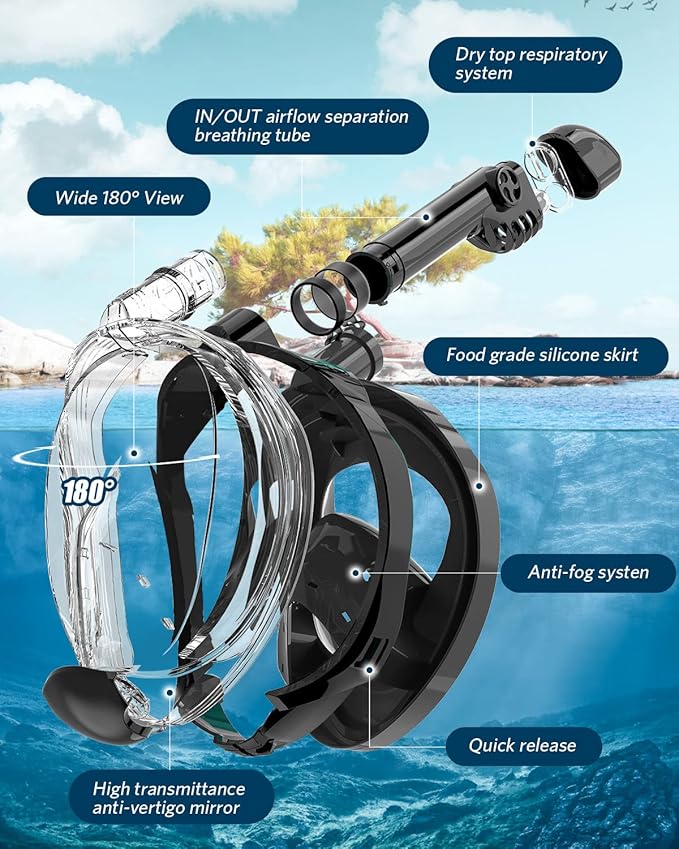 QingSong Full Face Snorkel Mask for Adults, Snorkeling Gear with Camera Mount, 180 Degree Panoramic View Snorkel Set Anti-Fog Anti-Leak-StrideForce Fitness