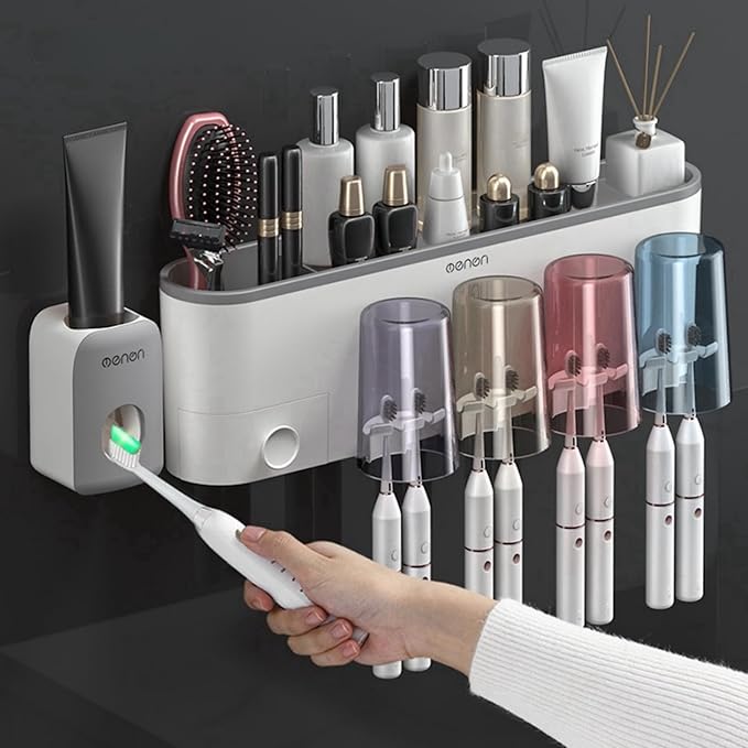 No-Drill Wall Mounted Toothbrush Holder, Bathroom Shelf, with 1 Automatic Toothpaste Dispenser 4 Brush Hooks Cups 1 Cosmetic Drawer Organizer and Large Storage (1 Dispenser + 2 Cups)