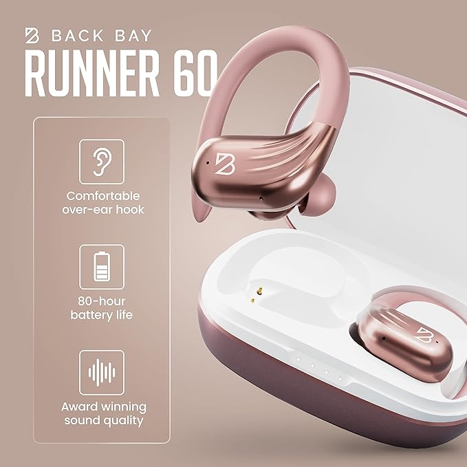 Rose Gold Wireless Running Earbuds for Women. Pink Bluetooth Sport Earbuds for Running, 80 Hour Long Battery Life Over the Ear with EarHooks, Wrap Around Ear buds with Microphone, Earphones-StrideForce Fitness