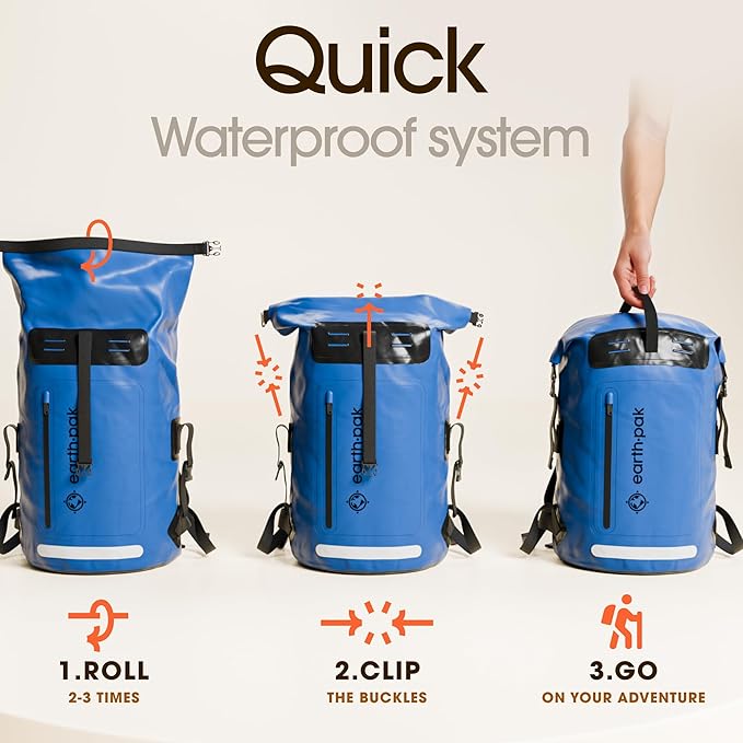 Earth Pak Waterproof Backpack - Heavy Duty Hiking Backpack - Roll-Top Closure Bag - Cushioned Dry Bag Waterproof Phone Case-StrideForce Fitness
