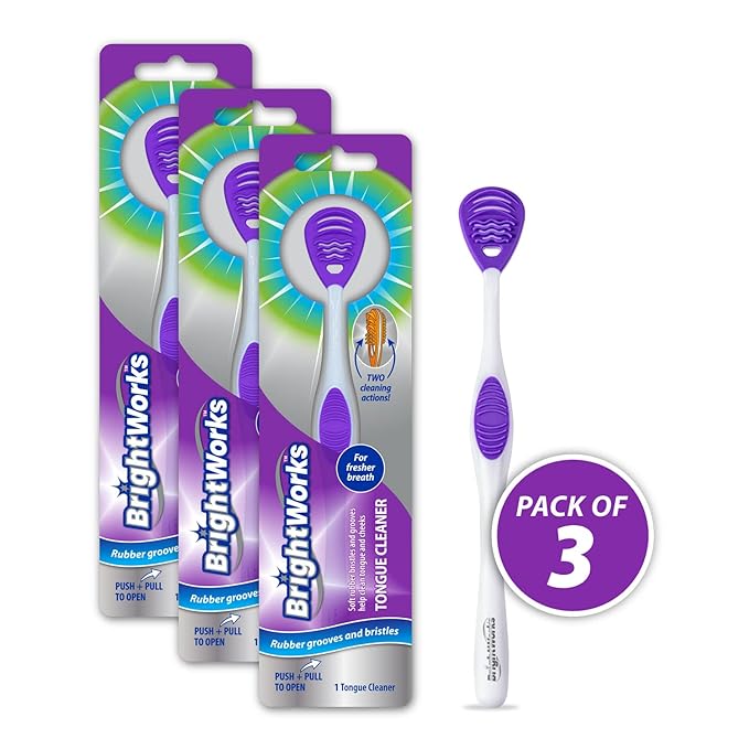 Tongue Cleaner (3-Pack) with Gentle Cheek Scraper. Two-Sided Head with Dual Action Cleaning for Fresh Breath.