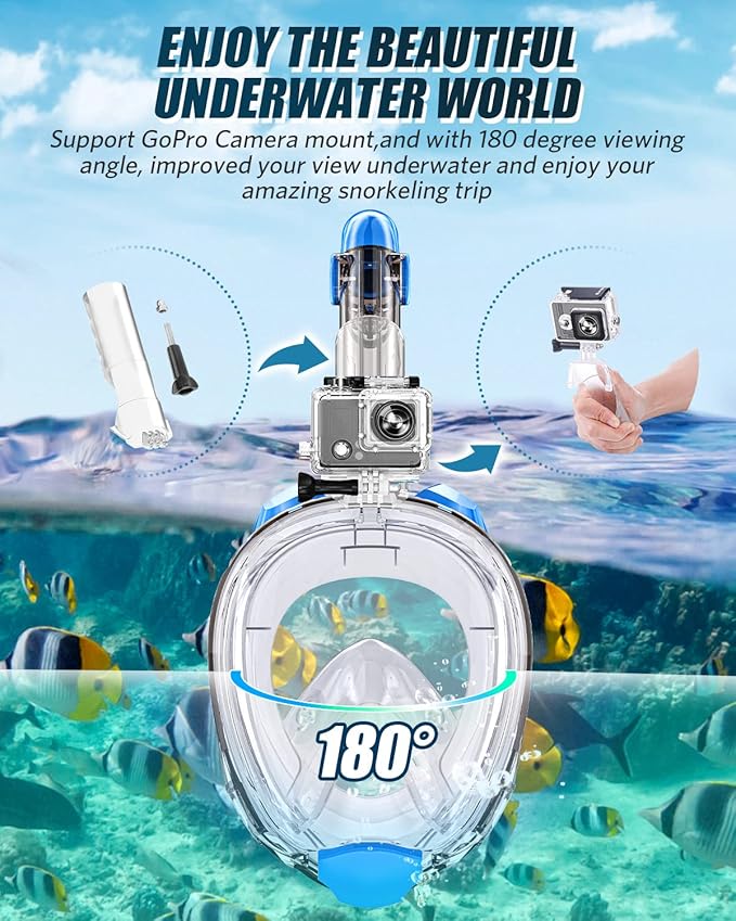 QingSong Full Face Snorkel Mask for Adults, Snorkeling Gear with Camera Mount, 180 Degree Panoramic View Snorkel Set Anti-Fog Anti-Leak-StrideForce Fitness