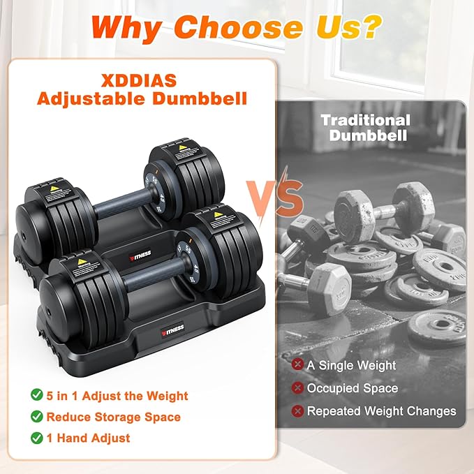 XDDIAS Adjustable Dumbbell Set of 2, 25/55/80LB Dumbbell Set-1Sec Adjustable Weights-5/10 in 1 Free Weights Dumbbells Set with Effortless Tray/No-Slip Handle-Compact Size for Women/Men at Home Gym-StrideForce Fitness