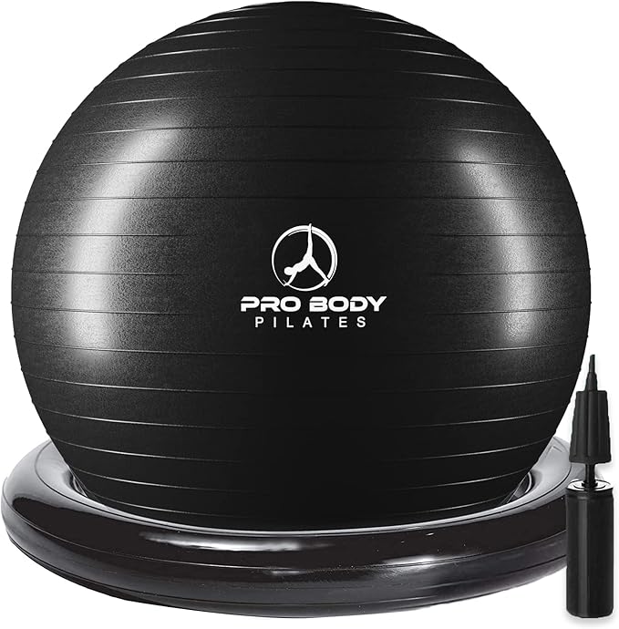 ProBody Pilates Yoga Ball Chair, Exercise Ball Chair with Base or Stand for Home Office Desk Sitting or Workout, 65cm Antiburst Balance & Stability Ball Seat, Large Gym Ball for Back, Abs-StrideForce Fitness