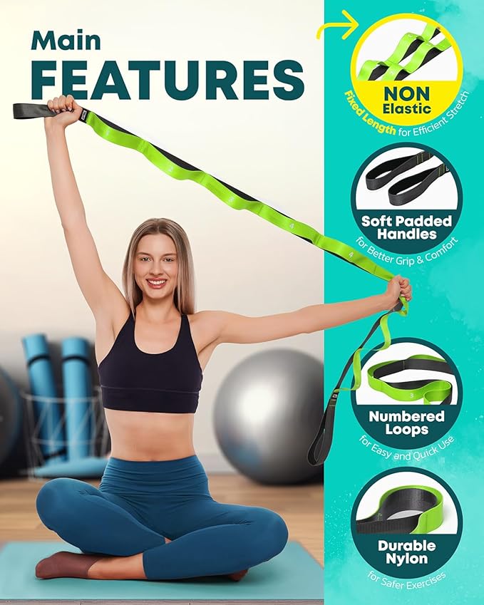 Stretching Strap with Loops - Non Elastic Stretch Band for Physical Therapy, Yoga Strap for Stretching Equipment, Stretch Bands for Exercise and Flexibility - Fascia, Hamstring & Leg Stretcher Belt-StrideForce Fitness
