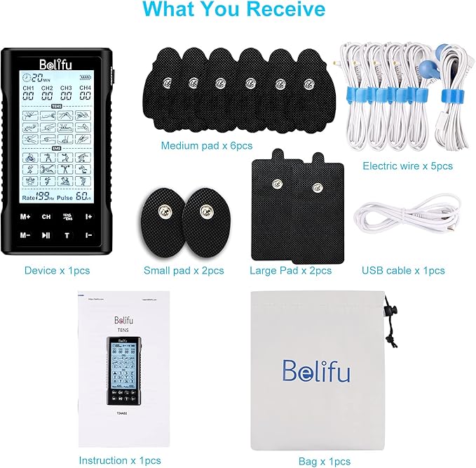 Belifu 4 Independent Channel TENS EMS Unit, 24 Modes,30 Level Intensity Muscle Stimulator Machine, Rechargeable Electric Pulse Massager with 10 Pads&5 Set Leads Wires, for Pain Relief Therapy(Black)-StrideForce Fitness