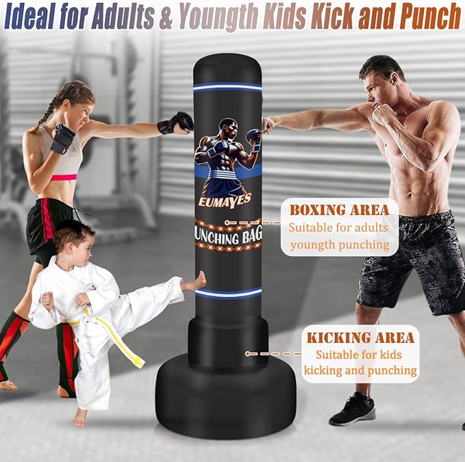 Freestanding Punching Bag for Adults Teens, 71" Heavy Punching Bag with Stand and Boxing Reflex Balls & Electric Air Pump, Inflatable Kickboxing Bag for Training MMA Thai Fitness Karate-StrideForce Fitness